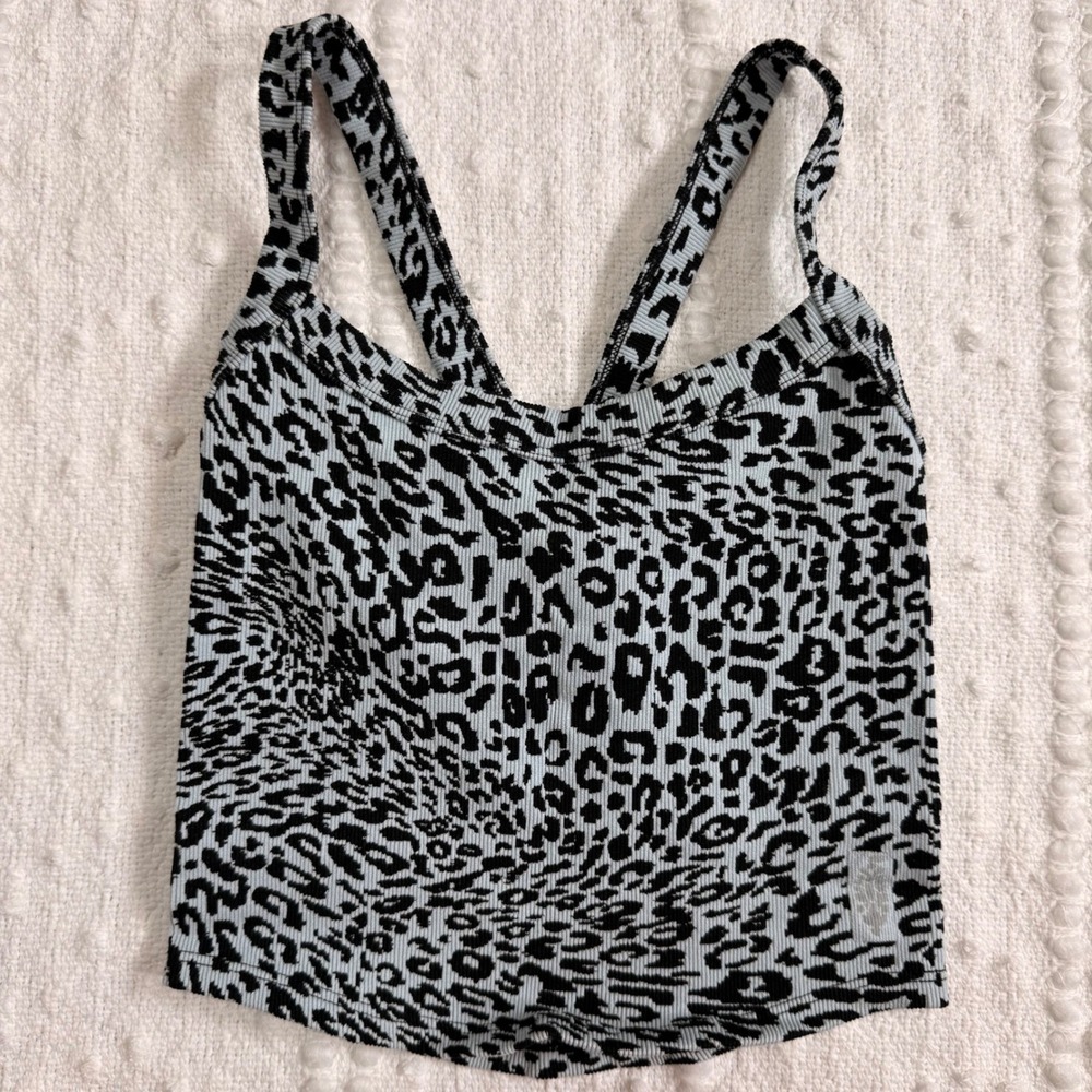 FP Movement Free People Leopard Print Ribbed Strappy Back Sports Bra Blue M/L